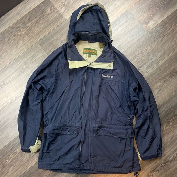 Vintage Timberland Men's Windbreaker Jacket Blue Hooded Size L - Picture 1 of 11